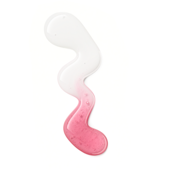 Próbka olejku Essence Hydra Kiss Lip Oil Cranberry Is Back. Błyszcząca, falista smuga od transparentnej do różowej na białym.