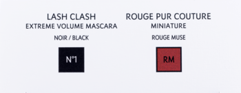 Zestaw YSL: czarna maskara Lash Clash N°1 i czerwona miniaturowa szminka Rouge Pur Couture RM, widok z przodu.