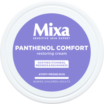 Mixa Panthenol Comfort krem w okrągłym białym słoiczku z fioletową etykietą, do skóry atopowej, widok z góry.