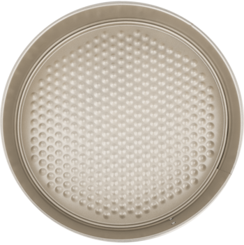 Okrągła forma do pieczenia z beżową powłoką non-stick, widok z góry, dno z wypukłą, kropkowaną teksturą.