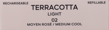 Etykieta pudru Guerlain Terracotta Light 02 Moyen Rosé/Medium Cool, z oznaczeniami Rechargeable i Refillable.