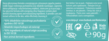 Tył tealowego opakowania mydła Luksja Purely Energizing 90g z informacją o 93% składników naturalnych.