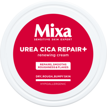 Mixa Urea Cica Repair+ krem odnawiający do suchej skóry w białym słoiku z czerwoną etykietą, widok z góry.