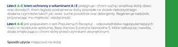 Tekst opisujący Linovit A+E krem ochronny z witaminami A i E, jego zastosowanie i właściwości na białym tle.