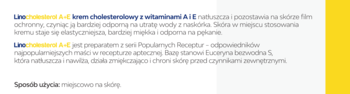 Zrzut ekranu z polskim opisem kremu Linocholesterol A+E, tekst na białym tle z żółtym pionowym paskiem.