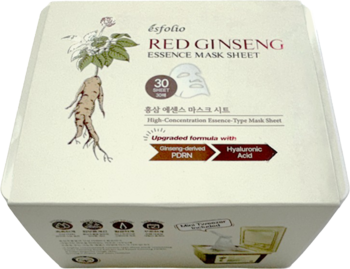 Esfolio Red Ginseng Essence Mask Sheet 30 szt. maski w płachcie, widok pod kątem na beżowe opakowanie.