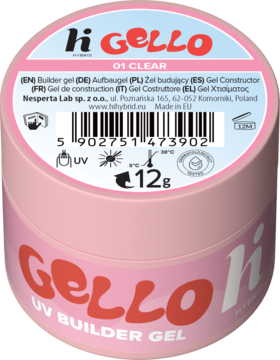Różowy słoiczek hi GELLO UV BUILDER GEL 01 Clear, 12g, widok z góry na białą nakrętkę z napisami.