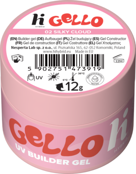 Różowy hi hybrid GELLO #02 Silky Cloud UV Builder Gel, w słoiczku z białą etykietą, widok z góry.