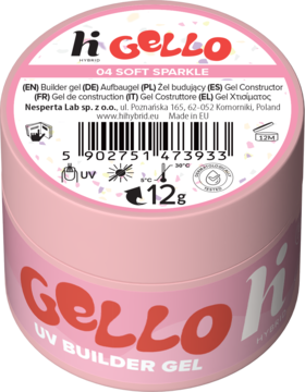 Różowy słoiczek hi hybrid GELLO #04 Soft Sparkle UV Builder Gel, widok z góry, z białą etykietą.