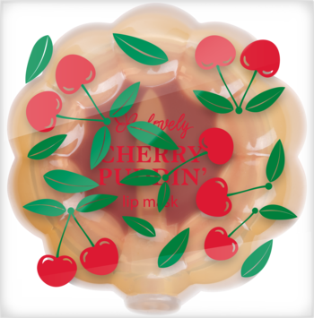 Cherry Puddin' aromatyczna maska do ust w przezroczystym opakowaniu w kształcie kwiatu z wisienkami, widok z góry.
