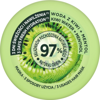 Zielona maska do włosów z kiwi i mentolem, 97% naturalna, okrągłe wieczko z grafiką przekrojonego kiwi, widok z góry.