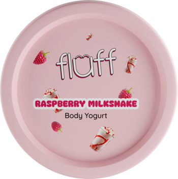 Różowe, okrągłe opakowanie fluff Raspberry Milkshake Body Yogurt z grafiką malin i wafelków na wieczku.