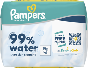Niebiesko-białe opakowanie chusteczek Pampers Baby Wipes 99% Water Pure Skin Cleaning, widok z przodu.