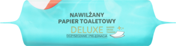 Nawilżany papier toaletowy DELUXE w turkusowym opakowaniu z białym listkiem, widok z przodu.