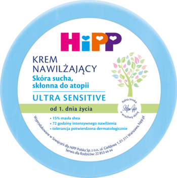HiPP krem nawilżający do skóry suchej, atopowej, Ultra Sensitive. Jasnoniebieskie okrągłe opakowanie, widok z góry.