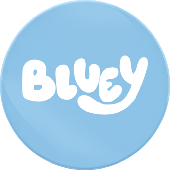 Jasnoniebieskie, okrągłe logo z białym, stylizowanym napisem BLUEY na środku, z zaokrąglonymi literami.