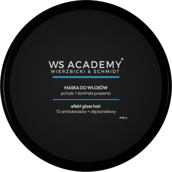 Czarna, okrągła maska do włosów WS Academy z etykietą: połysk, kontrola puszenia, 10 aminokwasów. Widok z góry.