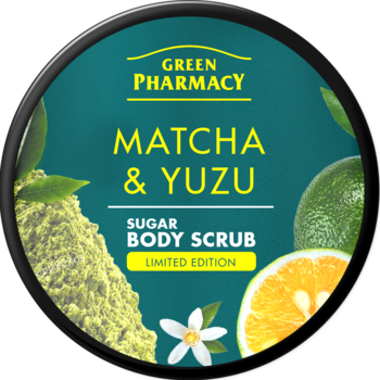 Green Pharmacy Matcha & Yuzu cukrowy peeling do ciała, okrągły zielony słoik z matcha i yuzu na etykiecie.