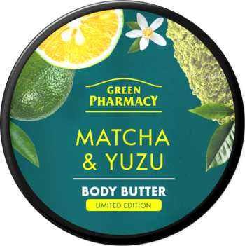 Green Pharmacy Matcha & Yuzu Body Butter, okrągły słoik z ciemnozieloną etykietą, yuzu, matchą i kwiatem.