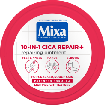 Okrągły słoik Mixa 10-IN-1 Cica Repair+ maści regenerującej. Czerwono-biała etykieta, widok z góry.