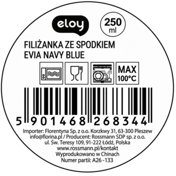 Okrągła etykieta filiżanki ceramicznej Eloy Evia Navy Blue 250 ml, z ikonami mikrofali i zmywarki.