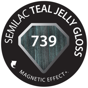 Czarne logo Semilac Teal Jelly Gloss 739 z próbką magnetycznego lakieru hybrydowego teal i efektem Jelly.