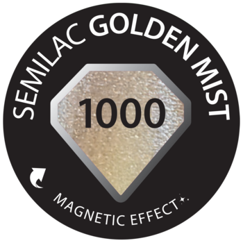 Okrągły czarny emblemat Semilac Golden Mist 1000 z diamentem o złotym blasku i efektem magnetycznym.