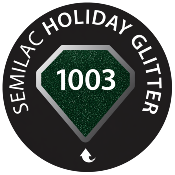 Logo Semilac Holiday Glitter 1003: okrągły czarny emblemat z butelkowozielonym, brokatowym diamentem i numerem.