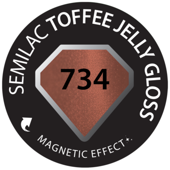 Okrągła etykieta Semilac Toffee Jelly Gloss, z numerem 734 w brązowym diamencie, magnetyczny lakier.