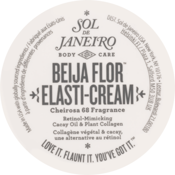 Wieczko kremu Sol de Janeiro Beija Flor Elasti-Cream, beżowe tło, szary tekst, Cheirosa 68, kolagen, widok z góry.
