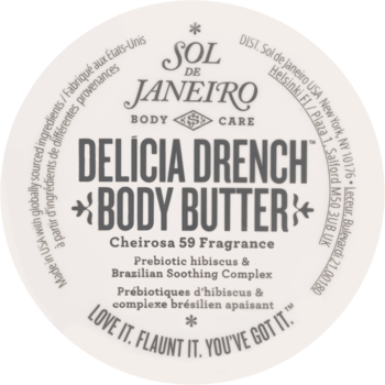 Kremowe wieczko Sol de Janeiro Delicia Drench Body Butter, zapach Cheirosa 59, z prebiotycznym hibiskusem.