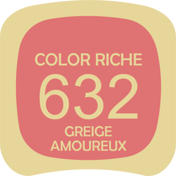 Kwadratowa etykieta pomadki Color Riche 632 Greige Amoureux: różowy swatch z białym tekstem, na beżowym tle.