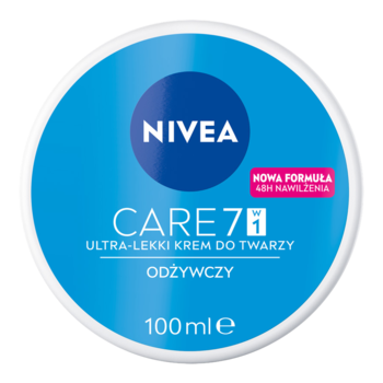 Okrągły, jasnoniebieski słoik kremu NIVEA Care 7 in 1 Ultra-lekki krem do twarzy odżywczy, widok z góry.