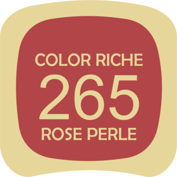 Czerwono-bordowa etykieta pomadki Color Riche 265 Rose Perle z zaokrąglonymi rogami, beżowe napisy, widok z przodu.