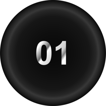 Czarny okrągły przycisk z błyszczącą, srebrną cyfrą 01 na środku, otoczony delikatną poświatą.