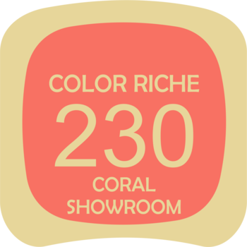 Coralowy swatch pomadki L'Oréal Color Riche 230 Coral Showroom, z beżowym napisem i ramką.