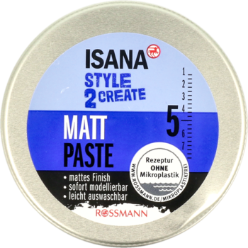 Matujący krem do włosów Isana Style2 Create Matt Paste, srebrna puszka z niebieską etykietą, widok z góry.