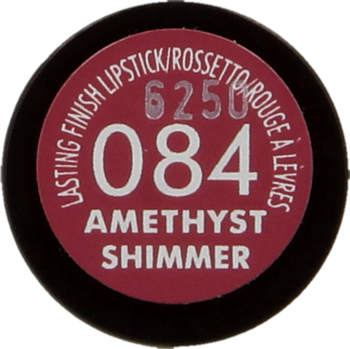 Top view of Rimmel Lasting Finish Lipstick 084 Amethyst Shimmer, dark purple cap with white text.