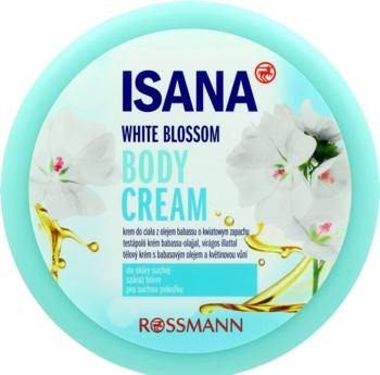 Isana White Blossom Body Cream, okrągły turkusowy słoik dla suchej skóry, z kwiatami, widok z góry.