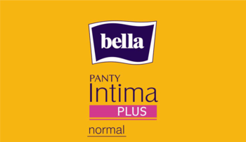 Żółte opakowanie Bella Intima Plus normal, ultracienkich wkładek higienicznych, z fioletowym logo.