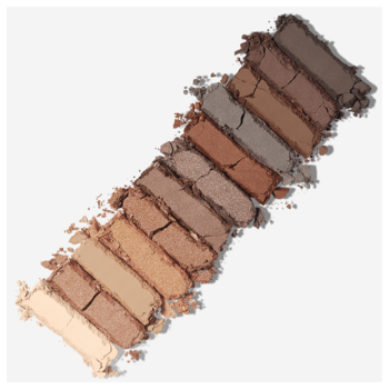 Paleta Rimmel Magnif'Eyes Nude Edition: 12 mocno napigmentowanych cieni, od jasnych beżów po brązy, ułożonych ukośnie.