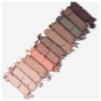 Rimmel Magnif'Eyes Blush Edition, 12 cieni do powiek. Rozsypane matowe i błyszczące odcienie od różu po brąz, widok z góry.