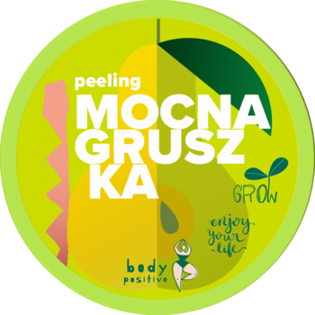 Okrągła zielono-żółta etykieta peelingu do ciała Mocna Gruszka Żurawina & Gruszka z grafiką gruszki.