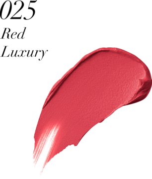 Max Factor Lipfinity Velvet Matte 025 Red Luxury, zbliżenie na próbkę szminki w intensywnym czerwonym kolorze z matowym wykończeniem.