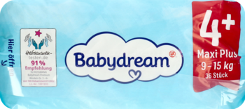 Jasnoniebieskie opakowanie pieluszek Babydream Maxi Plus 4+ (9-15kg, 36 szt.) z chmurkowym logo.
