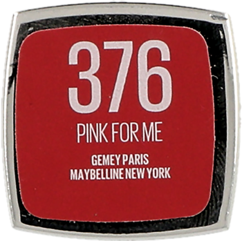 Maybelline Color Sensational szminka, czerwona etykieta z napisem 376 PINK FOR ME, widok z góry.
