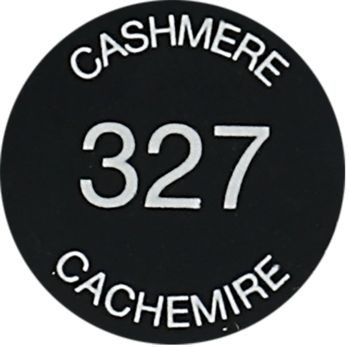 Czarne, okrągłe oznaczenie odcienia CASHMERE 327 CACHEMIRE z białymi literami i cyframi.