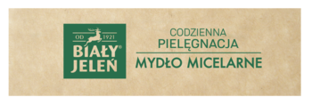 Etykieta mydła micelarnego Biały Jeleń. Beżowe tło, zielone logo z jeleniem i teksty "Mydło Micelarne".