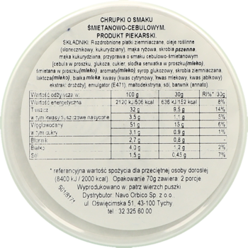 Białe, okrągłe wieczko chipsów Pringles Sour Cream & Onion z widocznymi danymi odżywczymi, widok z góry.