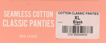 Close-up of a white label for seamless cotton classic panties, size XL, black, with barcode, on peach background.